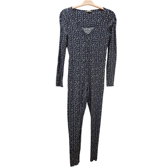 Free People Home Alone Blue Floral Print Thermal Long Sleeve Jumpsuit One Piece - Picture 2 of 4